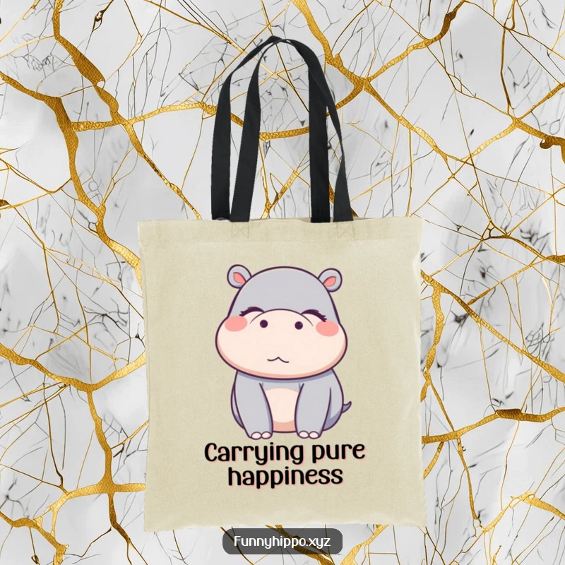 Funny Kawaii hippo character with eyes closed in pure delight, a practical and charming tote bag.