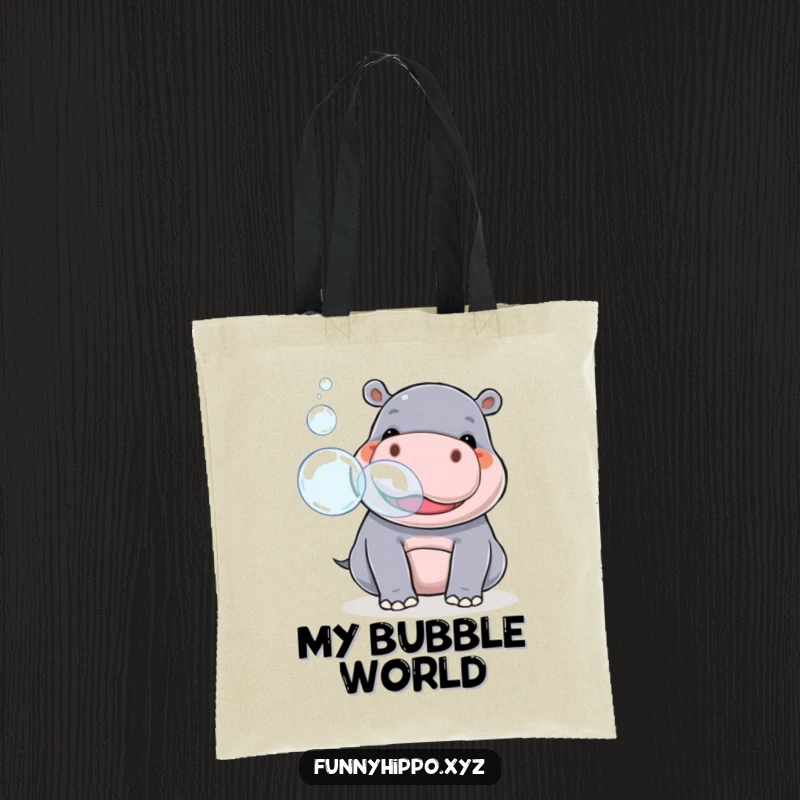 Funny kawaii hippo playfully blowing giant bubbles from its snout, a delightful companion for everyday adventures.
